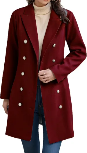 Womens Winter Jacket Coats Notched Lapel Collar Double-Breasted Wool Blend Pea Coat Fashion Comfy Warm Trench Coat