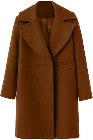 Women's Winter Wool Blend Mid Long Coat Notch Double Breasted Lapel Jacket Outwear 70s Beach Overcoats Basic Cozy