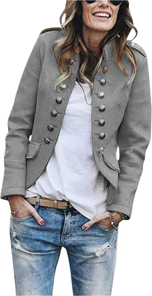Womens Wool Blend Double Breasted Cropped Blazer Jacket Fall Winter Long Sleeve Stand Up Collar Open Front Blazers