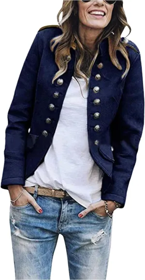 Womens Wool Blend Double Breasted Cropped Blazer Jacket Fall Winter Long Sleeve Stand Up Collar Open Front Blazers
