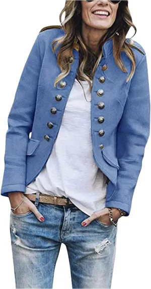 Womens Wool Blend Double Breasted Cropped Blazer Jacket Fall Winter Long Sleeve Stand Up Collar Open Front Blazers