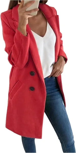 Womens Wool Coats Mid Length Double Breasted Trench Coat Business Casual Blazer Peacoat Jacket Fall Winter Fashion
