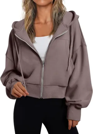 Womens Zip Up Hoodies Casual Drawstring Cropped Sweatshirt Jackets Long Sleeve Fleece Lightweight Coat with Pockets