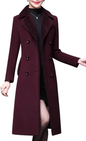 Wool Coats for Women Fur Collar Double Breasted Long Jackets Vintage Wool Blend Pea Coat for Women