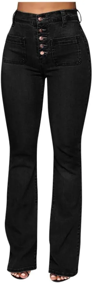 XUETON Women Juniors Bell Bottom Jeans High Waisted Stretch Fitted Wide Leg Bootcut Denim Flare Jeans Plus Size(Black,Small)
