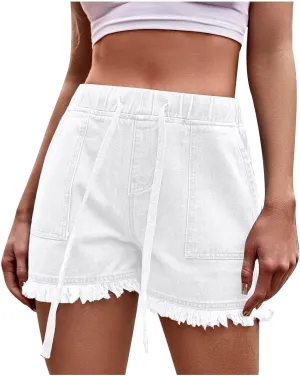 XUNRYAN Shorts for Women Trendy Denim Jean Cargo Shorts High Waist Drawstring Casual Lightweight Fashion Shorts Pockets