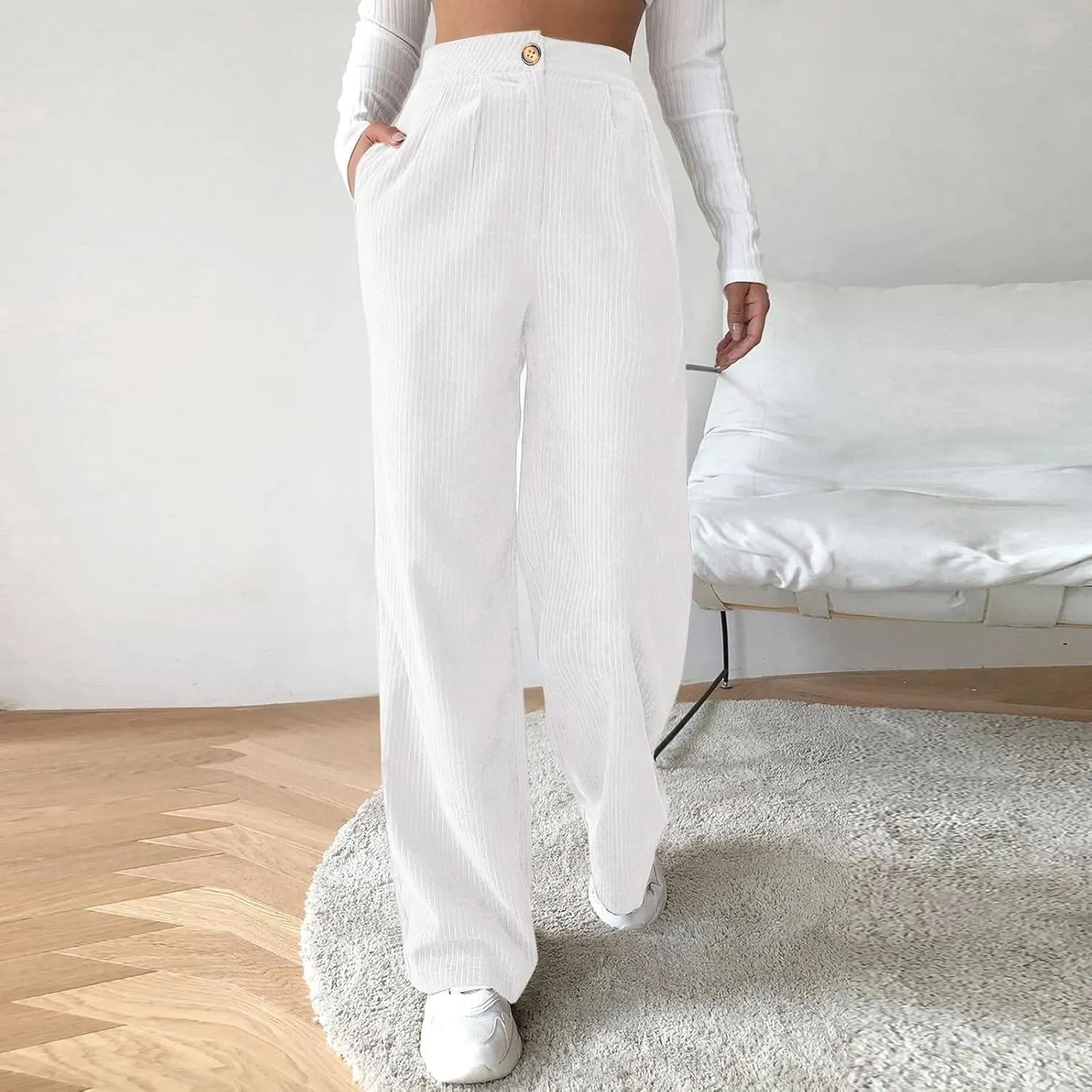 YOLAI Casual High Waist Straight Wide Leg Trousers Women Solid Color Corduroy Pants