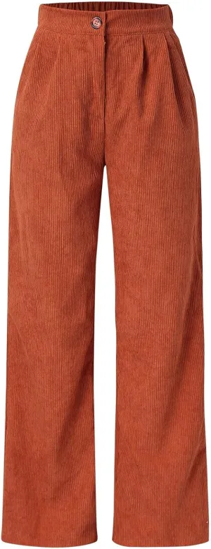 YOLAI Casual High Waist Straight Wide Leg Trousers Women Solid Color Corduroy Pants