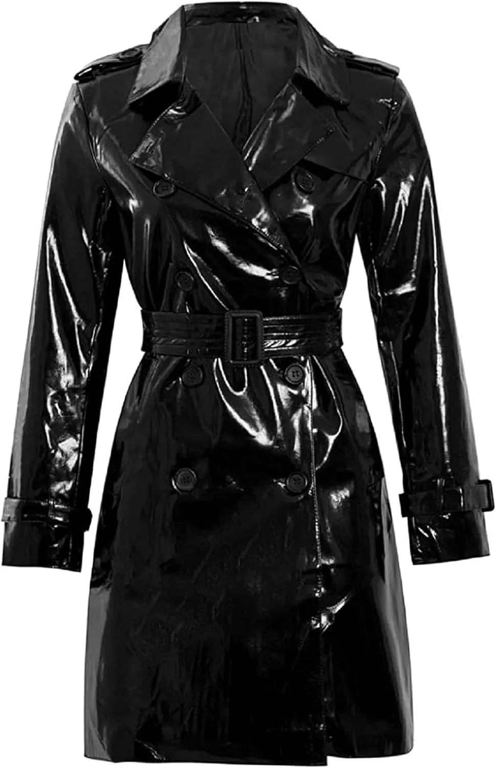 Yolo Jackets Women's Wet Look PVC Patent Faux Leather Outdoor Fashion Clothing Shiny Glitter Double-Breasted Trench Coat