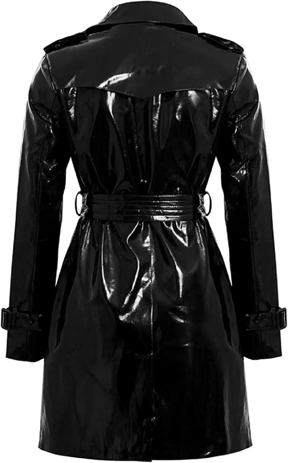 Yolo Jackets Women's Wet Look PVC Patent Faux Leather Outdoor Fashion Clothing Shiny Glitter Double-Breasted Trench Coat