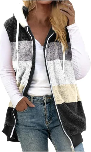Zip Up Hoodie Vest Women Fuzzy Fleece Jacket Cozy Sleeveless Sweater Color Block Sweatshirt Coats Hooded Waistcoat